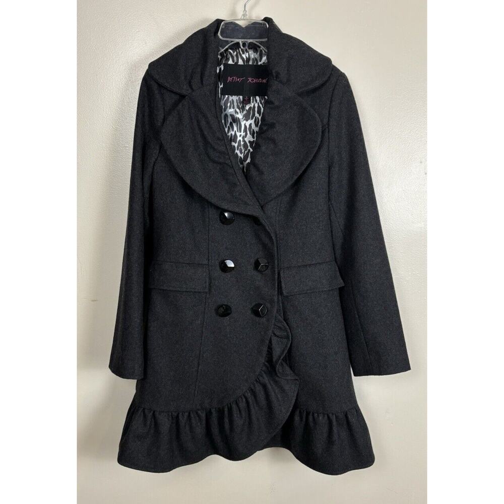 Betsey Johnson Black Ruffle-Hem Pea Coat